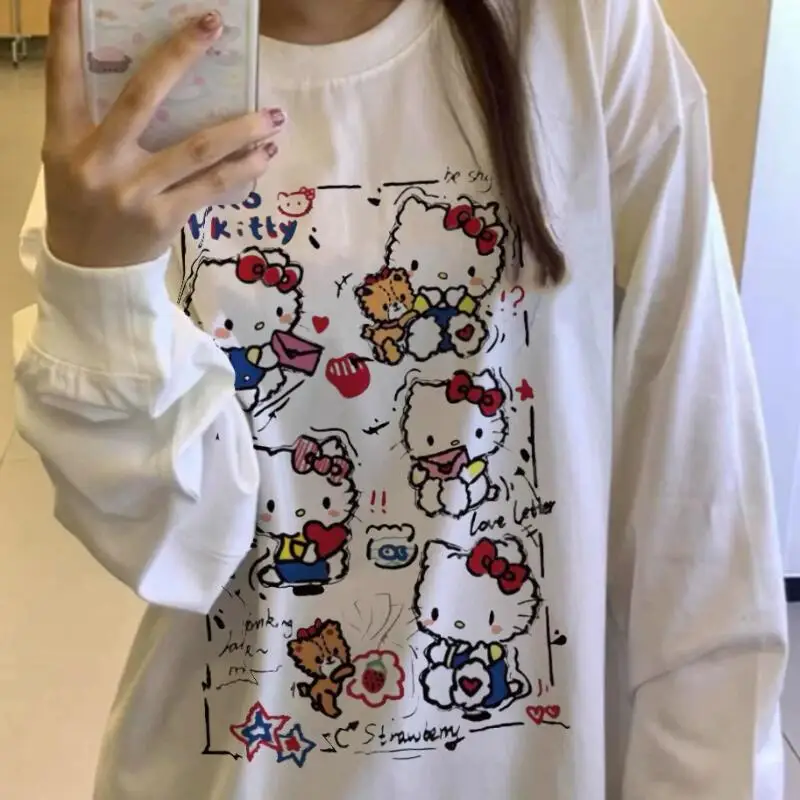 Детская хлопковая футболка с длинными рукавами и принтом Kawaii Anime Kitty Cat Anime Miniso, милая женская повседневная свободная толстовка с капюшоном, игрушки