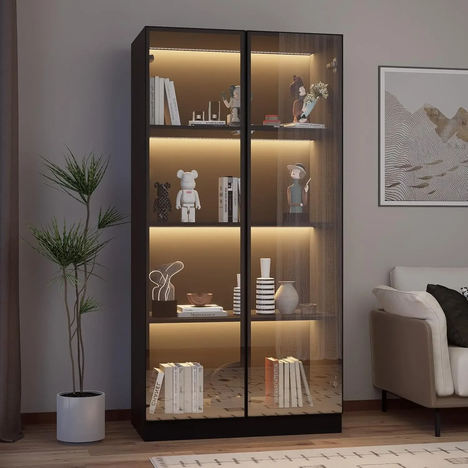 LED Lighting, 4-layer Glass Display Cabinet, 2 Glass Door Curiosity Cabinet, Storage Cabinet, Living Room