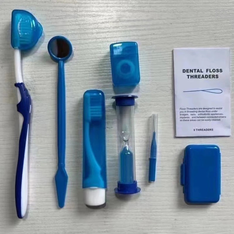 8 قطعة/المجموعة مجموعة فرش العناية بالأسنان متعدد الألوان شمع الأسنان أداة تنظيف الأسنان حقيبة شبكية قابلة للطي فرشاة بين الأسنان الخيط الشمع