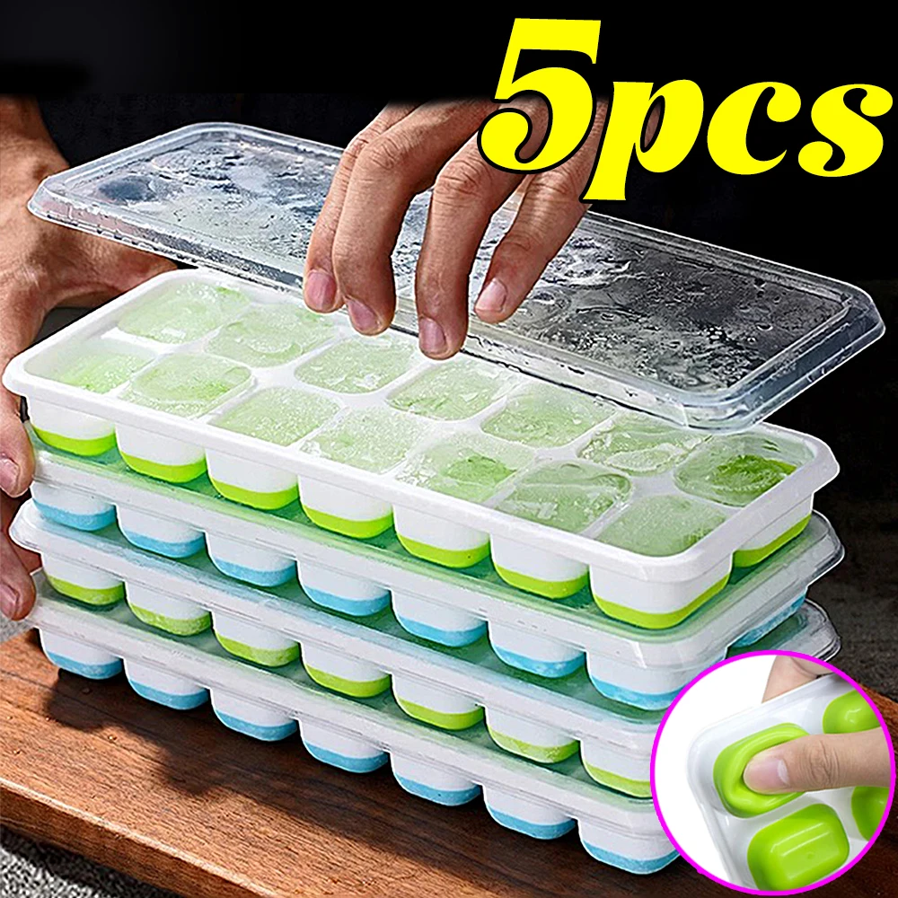 Ice Cube Tray Silicone Mold with Cover Square 14-cube Easy Release Ice Cube Molds Summer Kitchen Bar DIY Iced Drink Maker Tools