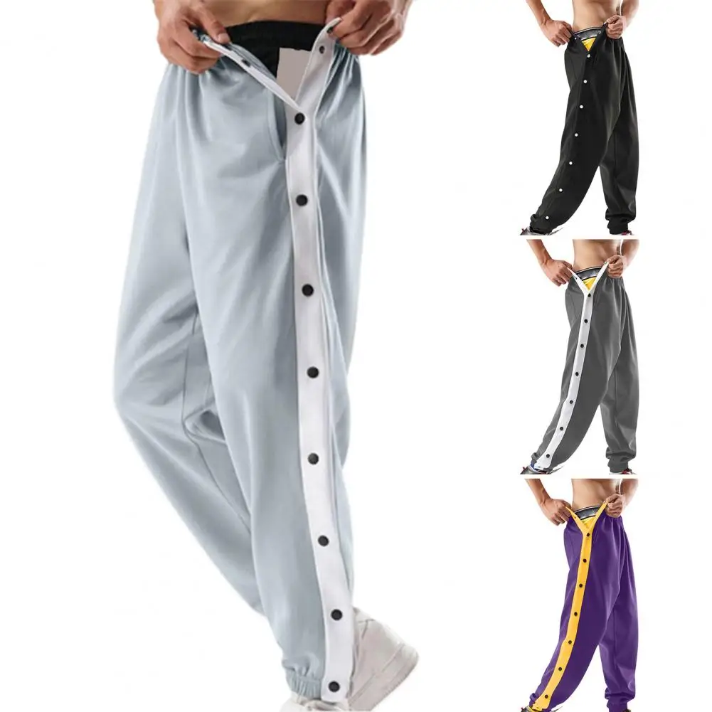 Men Sweatpants Mid-Rise Elastic Waistband Pockets Casual Trousers Patchwork Color Side Button Placket Basketball Pants