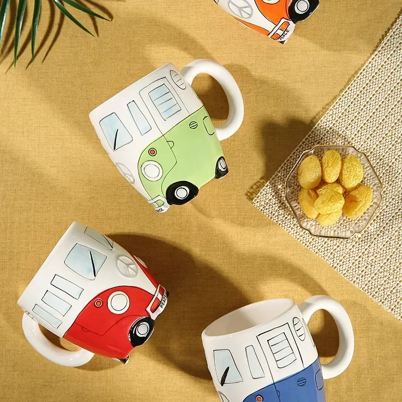 400ml Bus Mug Cute Cartoon Handcrafted Ceramic Bottle with Handle Hand-painted Children\'s Cup Milk Glass In The Shape of A Car