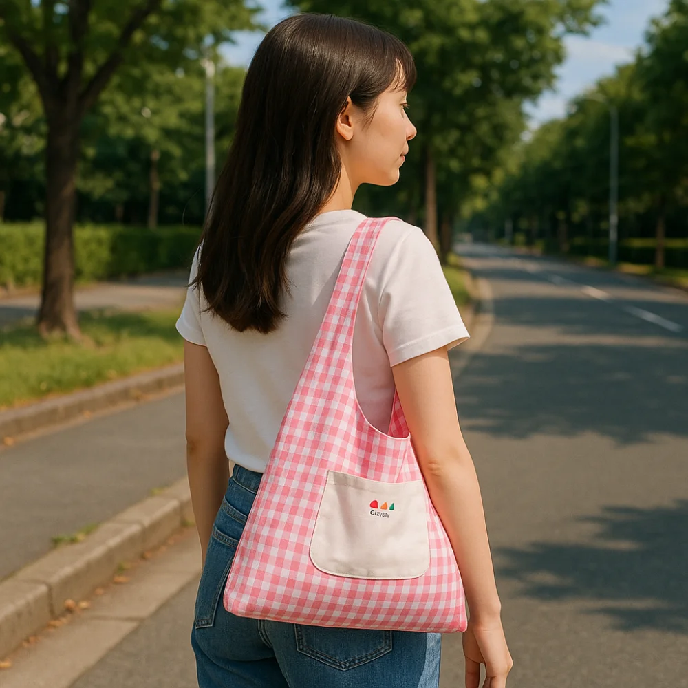 

Portable Sweet Double Sided Plaid Vest Bag Cloth Leisure Lattice Shoulder Bag Commuting Japanese Style Canvas Tote Bag Outdoor