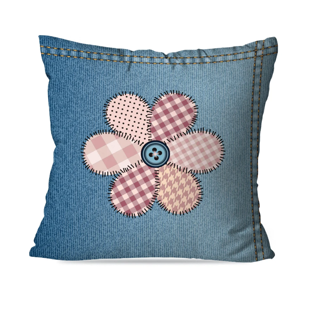 1pc Denim Patchwork Flower Pillow Cover, 2D Double-Sided Polyester Cushion Case, Rustic Farmhouse Decor, Gift for Vintage & Craf