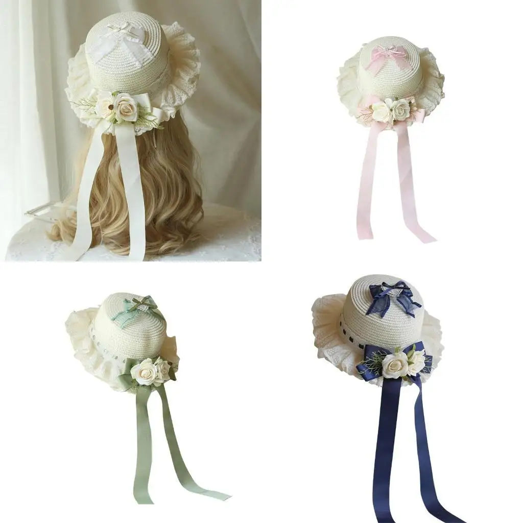 652F قبعة Hepburn الغربية مع White Rose Bowknot شاي شاي الدانتيل