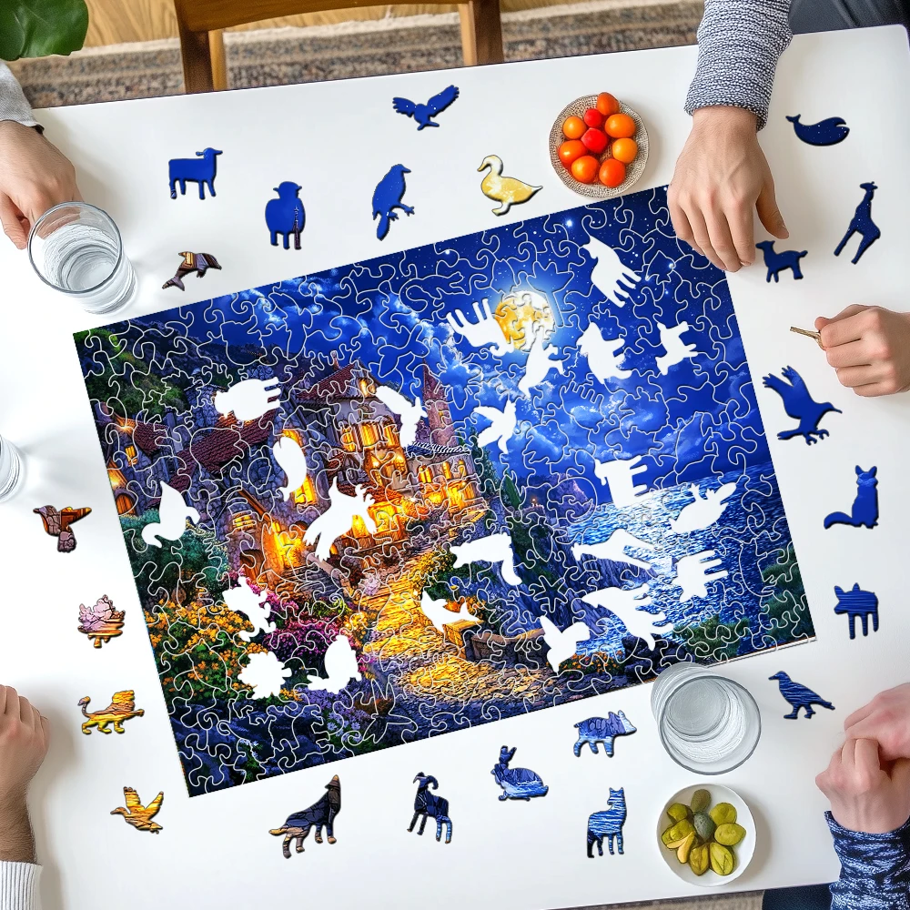 Maanverlichte houten puzzel van kustkasteel met unieke stukjes in de vorm van een dier, uitdagende puzzel voor volwassenen, ideaal cadeau en thuis D