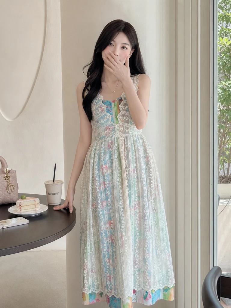 Retro Heavy Embroidery Lace Overlap Vest Skirt Summer Mid-Length Cover-Up Floral Strap Dress Holiday Style Women's Set