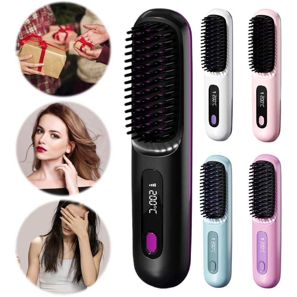

Cordless Hair Straightener Portable Straightener Brush Digital Display Mini Hot Hair Comb 3 Adjustable Temp for All Hair Types
