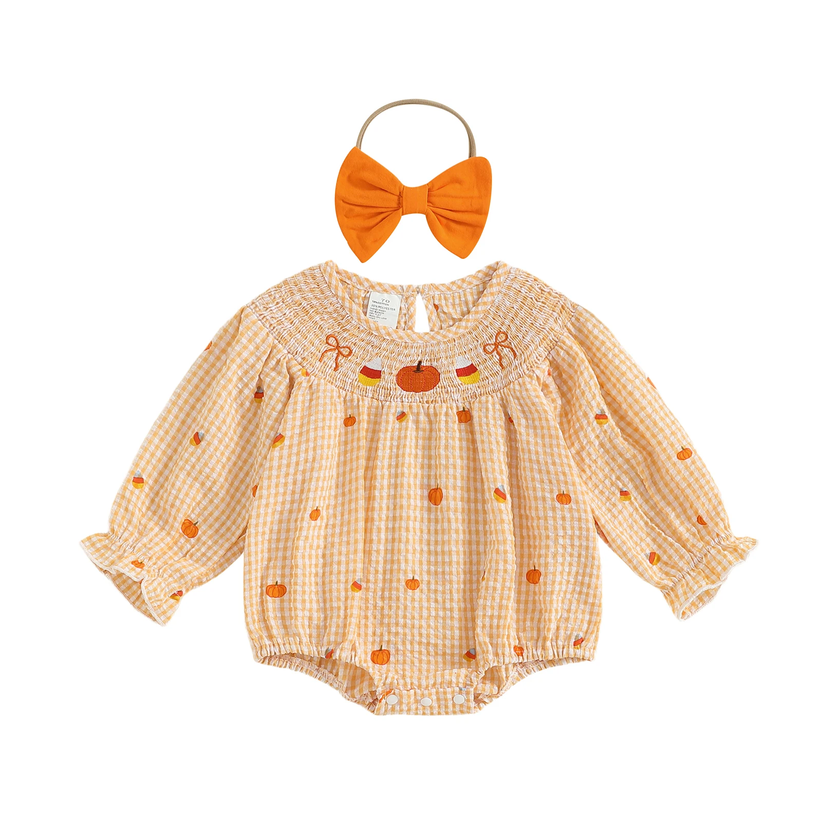 

Baby Girls Plaid Romper Fashionable Halloween Pumpkin Witch Hat Embroidery Long Sleeve Bubble Jumpsuit with Headband