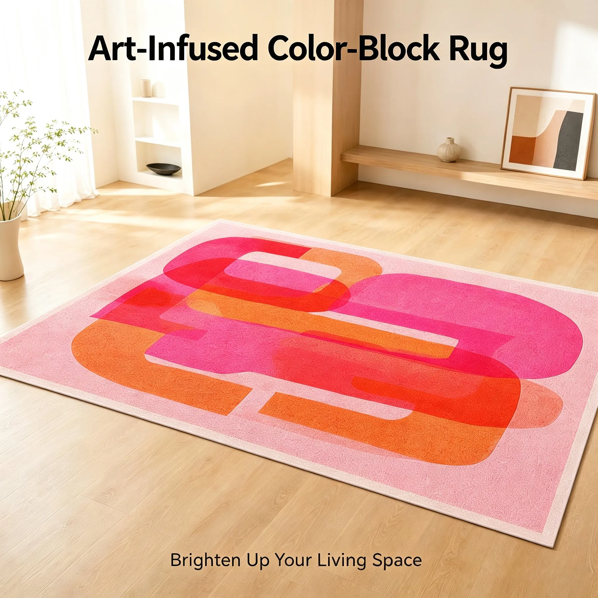 A Layered, Rounded, Geometric Color Block Rug in Shades of Pink, Orange, and Red, Perfect for a Sweet and Cool Valentine's Day Look Suitable for Living Rooms, Bedrooms, and Walk-In Closets, It Creates a Vibrant, Sweet, and Warm Atmosphere.