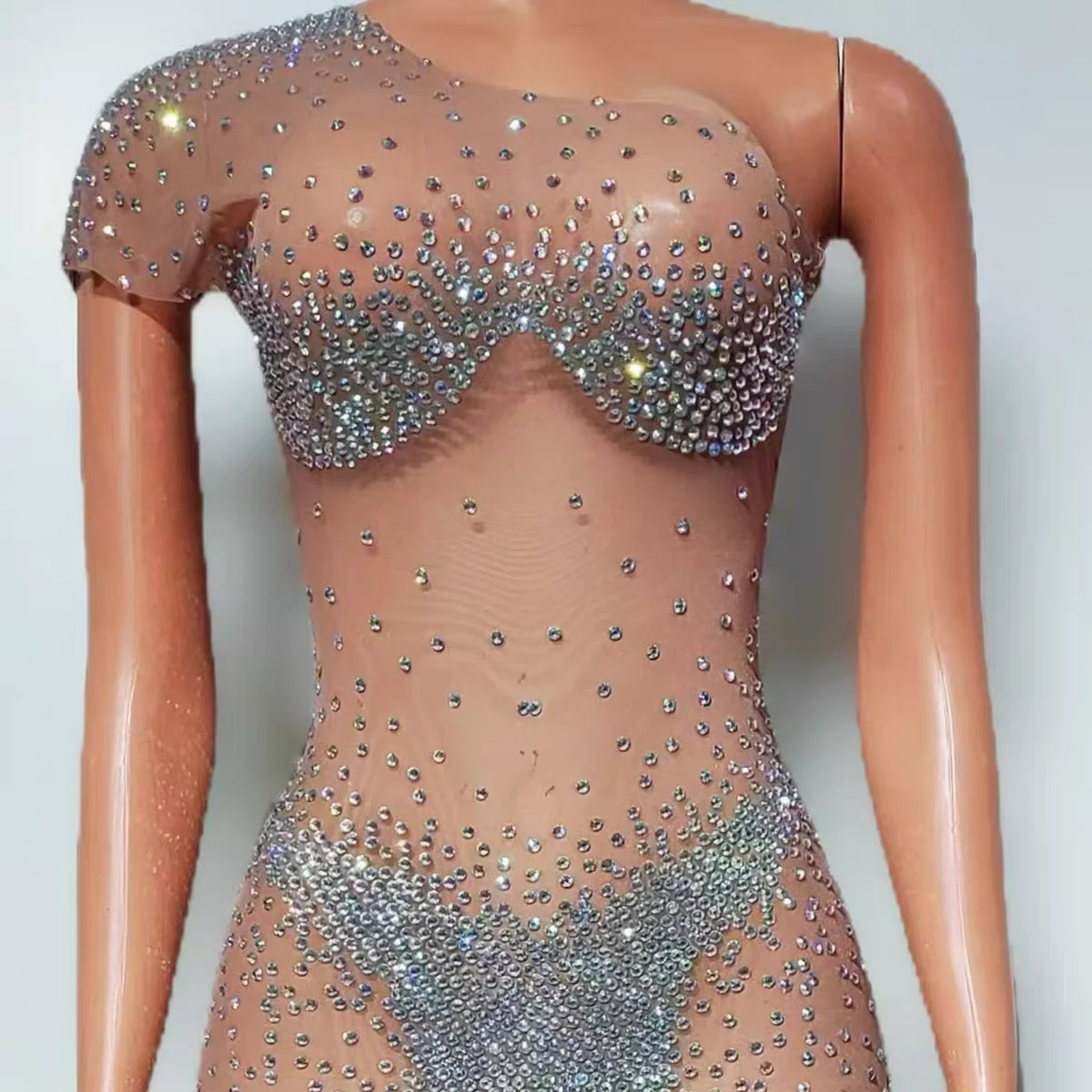 나이트 클럽 DJ 바 여성 가수 무대 의상 섹시한 전체 다이아몬드 관점 싱글 숄더 스커트 댄스 팀 파티 테마 쇼