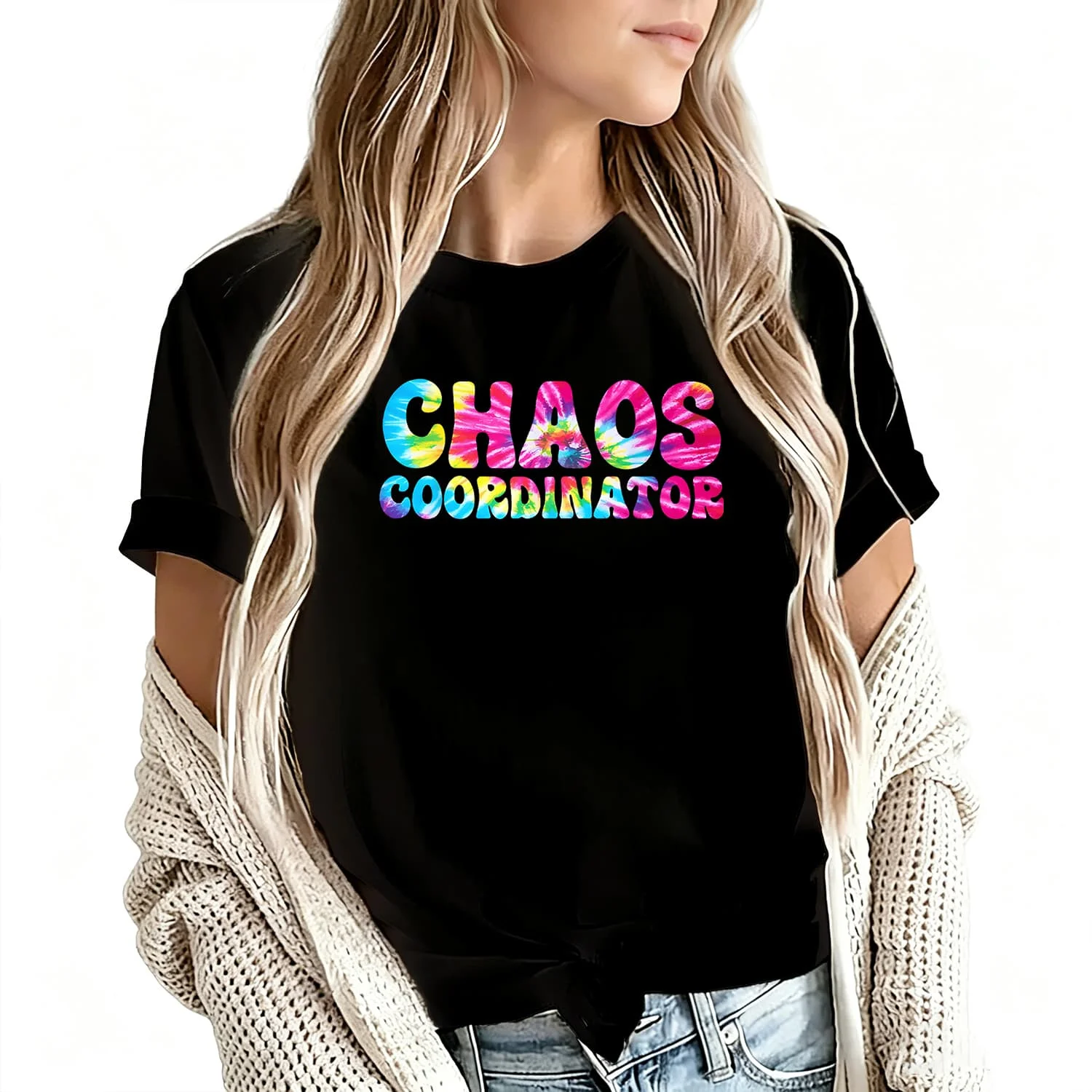 Chaos Coordinator Tie Dye Women's T-Shirt 100% Cotton Funny Graphic Short Sleeve Tee Novelty Shirt Casual Crew Neck Top S-5Xl