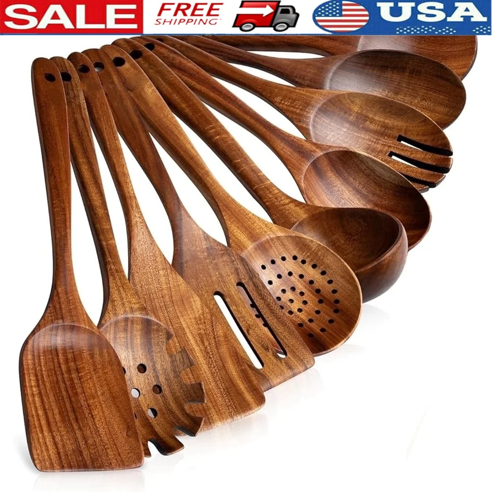 

10 Pcs Wooden Cooking Utensils Set Teak Wood Non Stick Kitchen Tools Heat Resistant Durable Eco Friendly Spoons and Spatulas