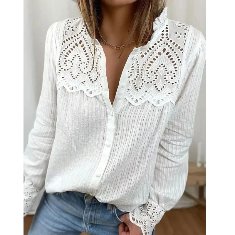 Elegant Long Sleeve Patchwork Lace Shirt Casual Stand Collar Women White Blouse Fashion Loose Single Breasted Hollow Casual Top