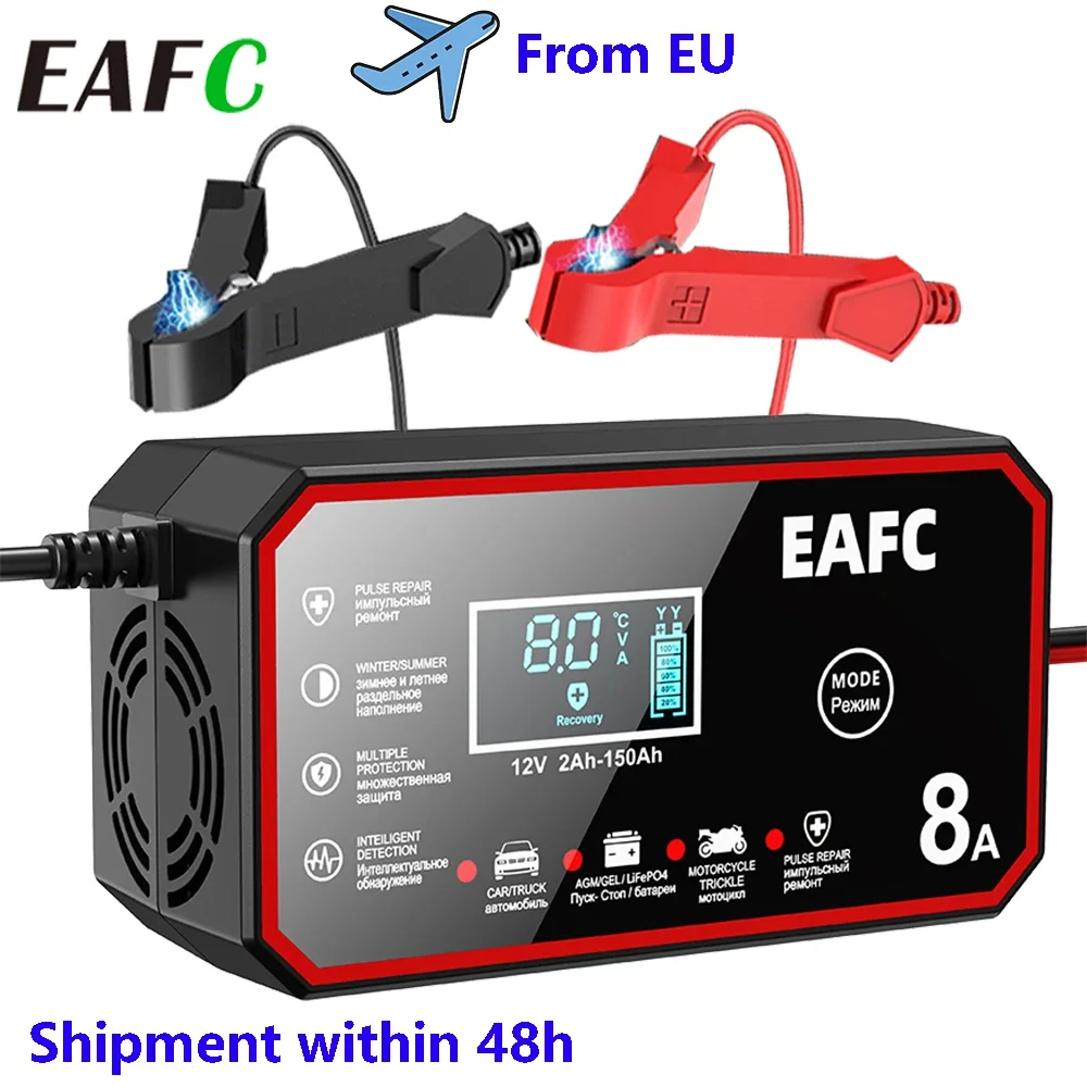 EAFC 12V 8A 6A Caricabatteria per auto Riparazione impulsi Display LCD Carica rapida intelligente per auto moto Minivan SUV Auto d'epoca