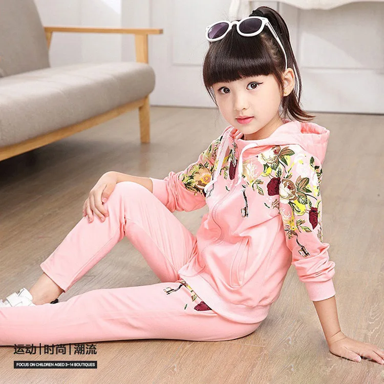 

spring cotton kids sportswear girls clothes set Zipper hooded jacket+sport pants 2pcs Children casual suit ensemble fille outfit