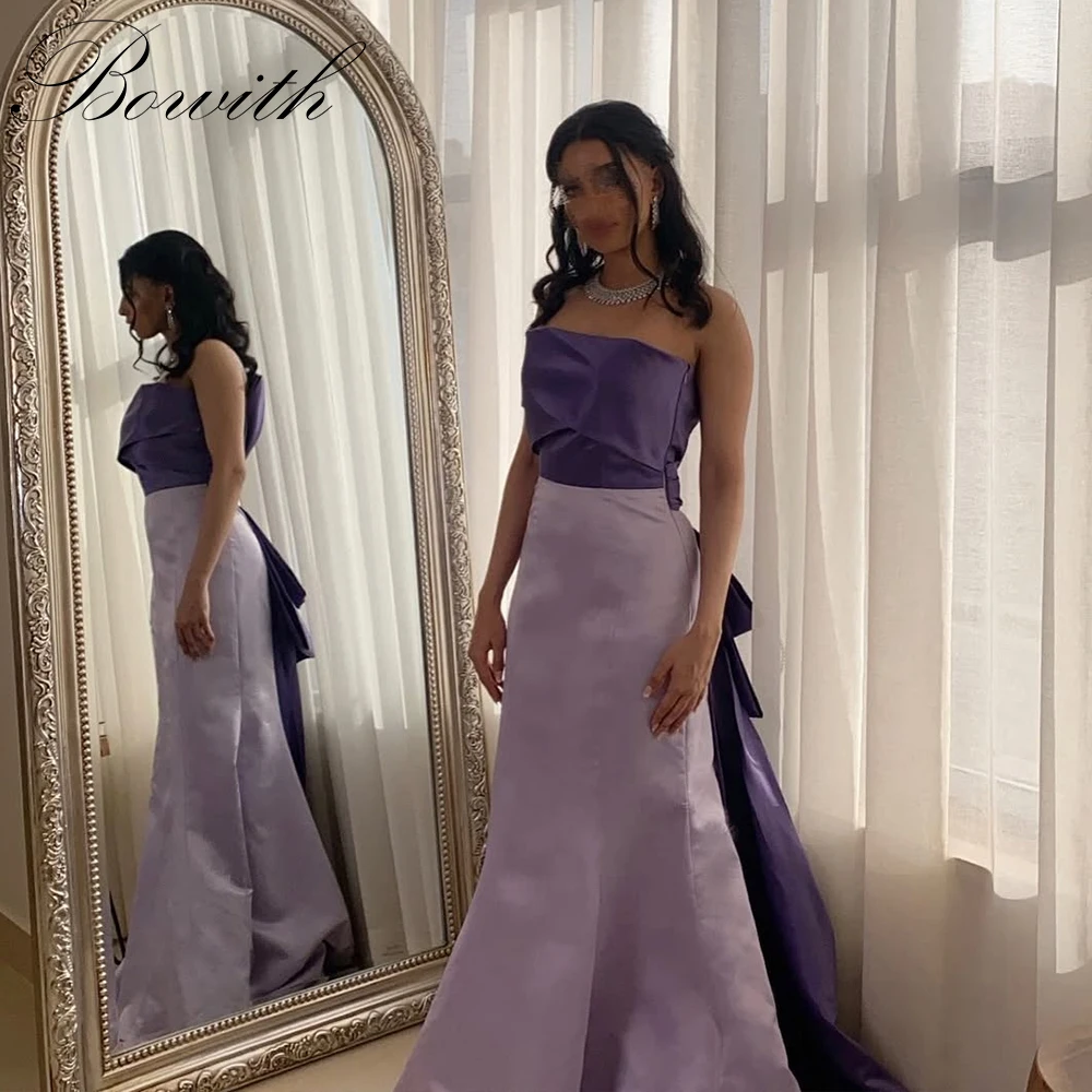 

Bowith Purple Satin Evening Dresses Women Sleeveless Floor-Length Prom Dresses Customized Gown Contrast Color Party Dresses