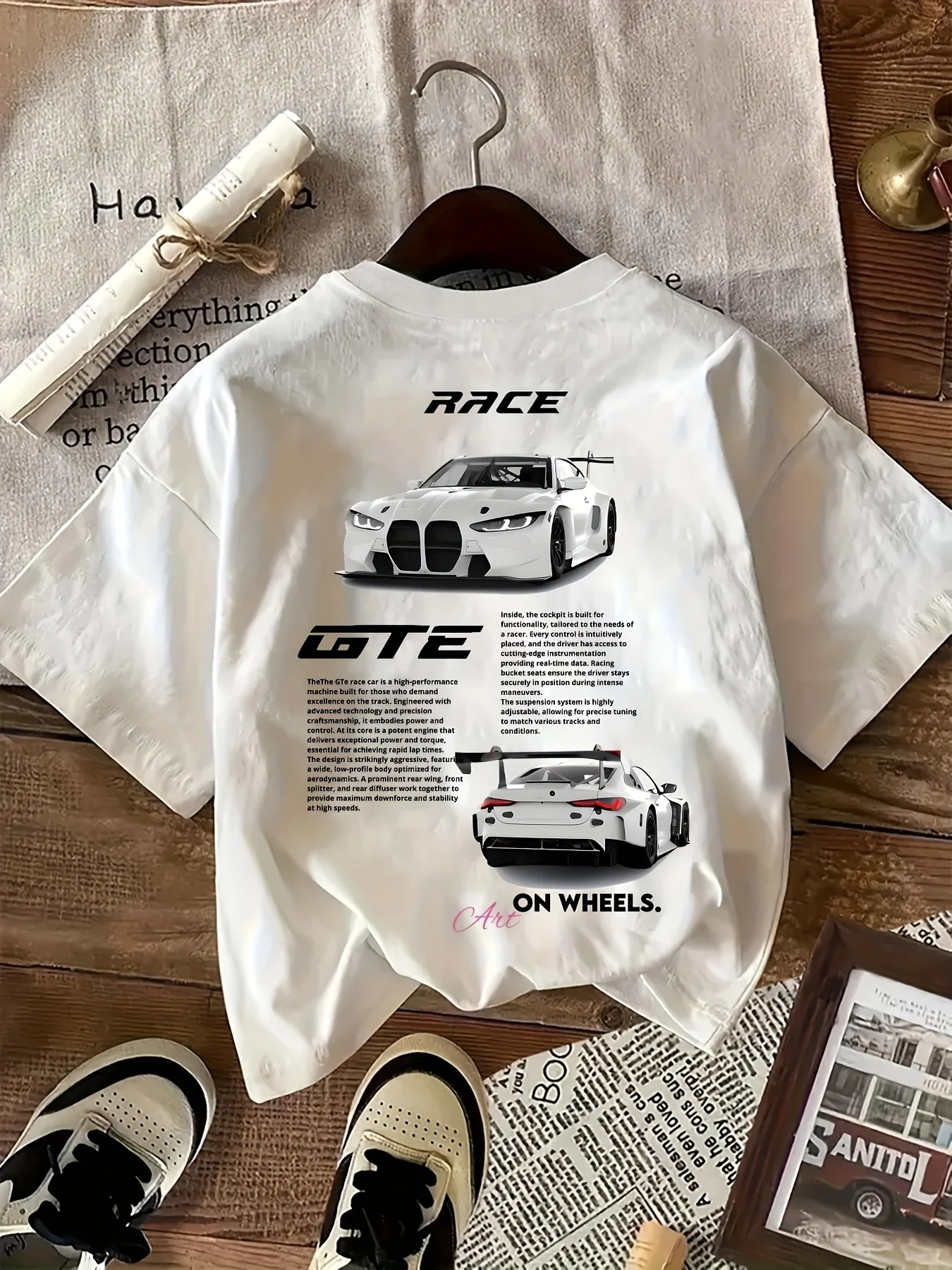 White Cotton TShirt Race Car GT Men Graphic Print Streetwear Hip Hop Casual Sporty Trendy Vintage Style