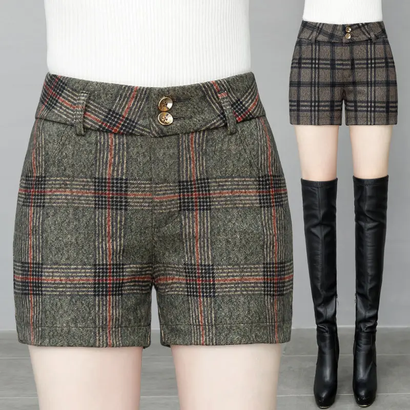 2024 New Leisure Casual Retro Shorts Pants Women Summer Slim High Waist All-Match  Zipper Short Wide Leg Plaid Shorts T523