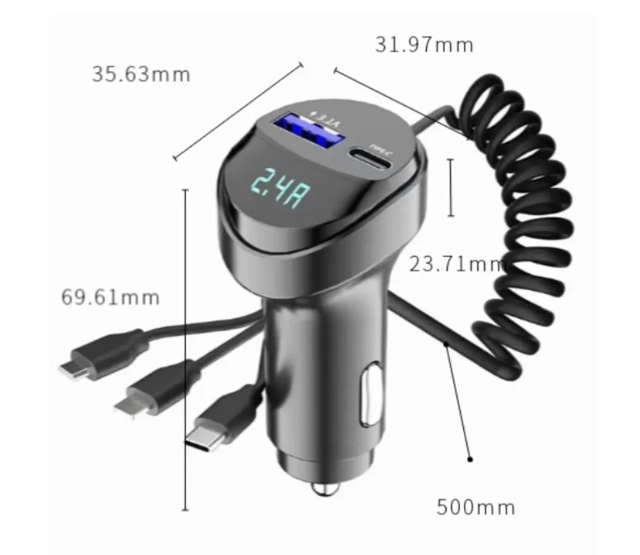 차량용 USB 고속 휴대폰 충전기, 전압 디스플레이 포함, 3 인 1 USB 개폐식 충전 케이블, 55W 2 포트, 3.1A