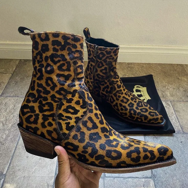 Men's Leopard Print Ankle Boots Pointed Toe with Cuban Heel & Side Zipper for Night Out Parties & Bold Wild Fashion Statements