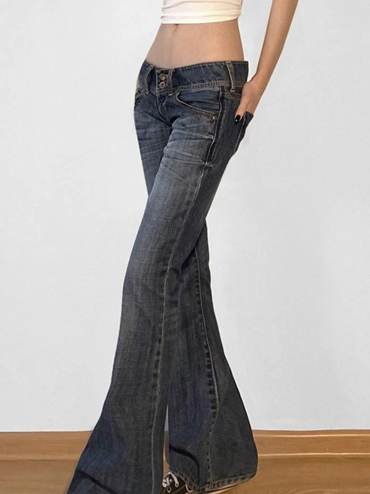 

HOUZHOU Vintage Y2k Flared Jeans Harajuku 2000s Low Rise Washed Denim Pants Retro Casual Slim Up Aesthetic Trousers Streetwear
