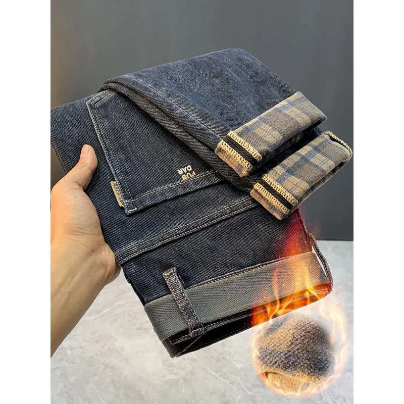 Fleece Padded Jeans Men\'s Winter High-End Fashion Skinny Pants Men\'s Casual Stretch Fleece Trousers pants