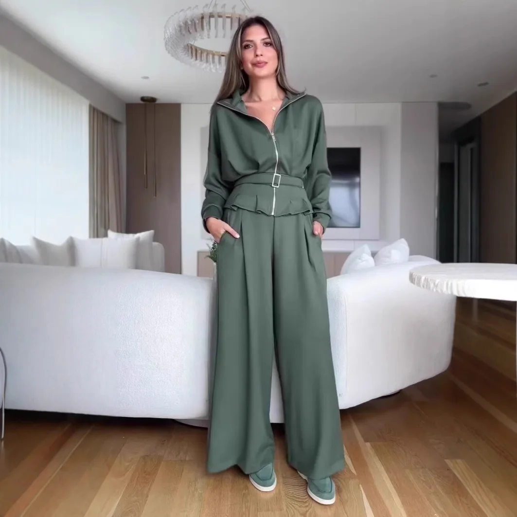 Hosen-Set für Damen Zweiteiliges Set Hemd mit Umlegekragen Rüschen Reißverschluss Gürtel Weite Lange Hose Elastische Taille Y2k Streetwear Frühling