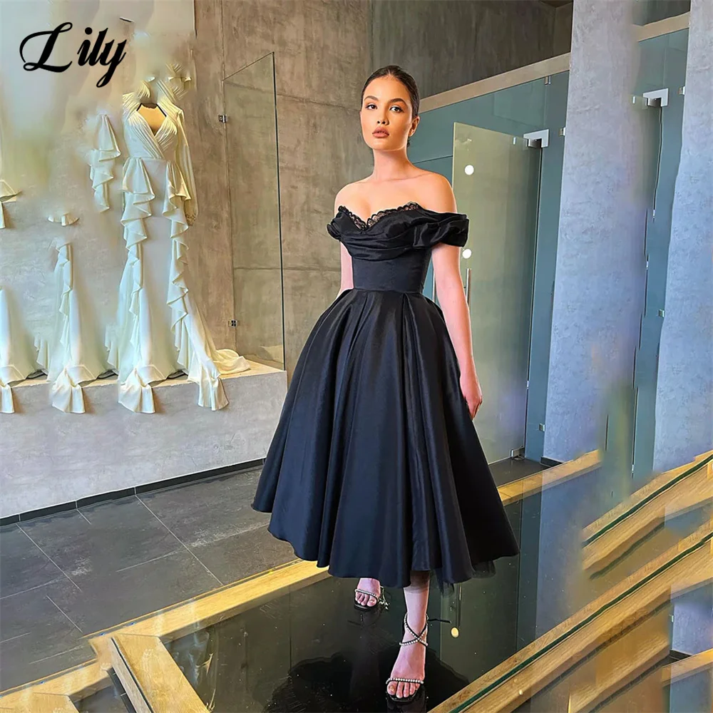 Lily Stain Beach Evening Dresses Black Pleat Off the Shoulder Prom Dresses Sweetheart Lace Custom Size платье на выпускной