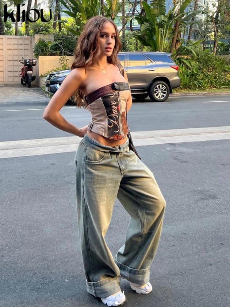 Kliou Patchwork Print Leather Zipper Crop Tops Women Sexy Wrapped Chest Botton Skinny Vest Ladies Trendy Streetwear Clothing