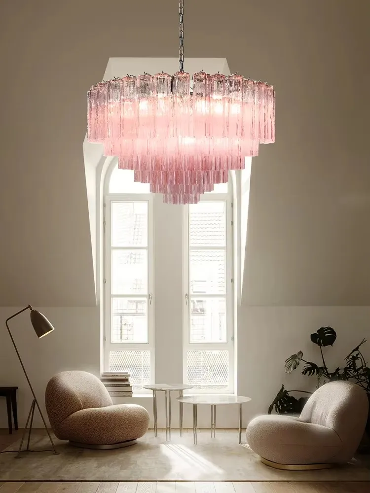 Italian Designer Vintage Texture Glass Chandelier Transparent Pink Home Decoration Hanging Lamps for Ceiling Living Room Lustre