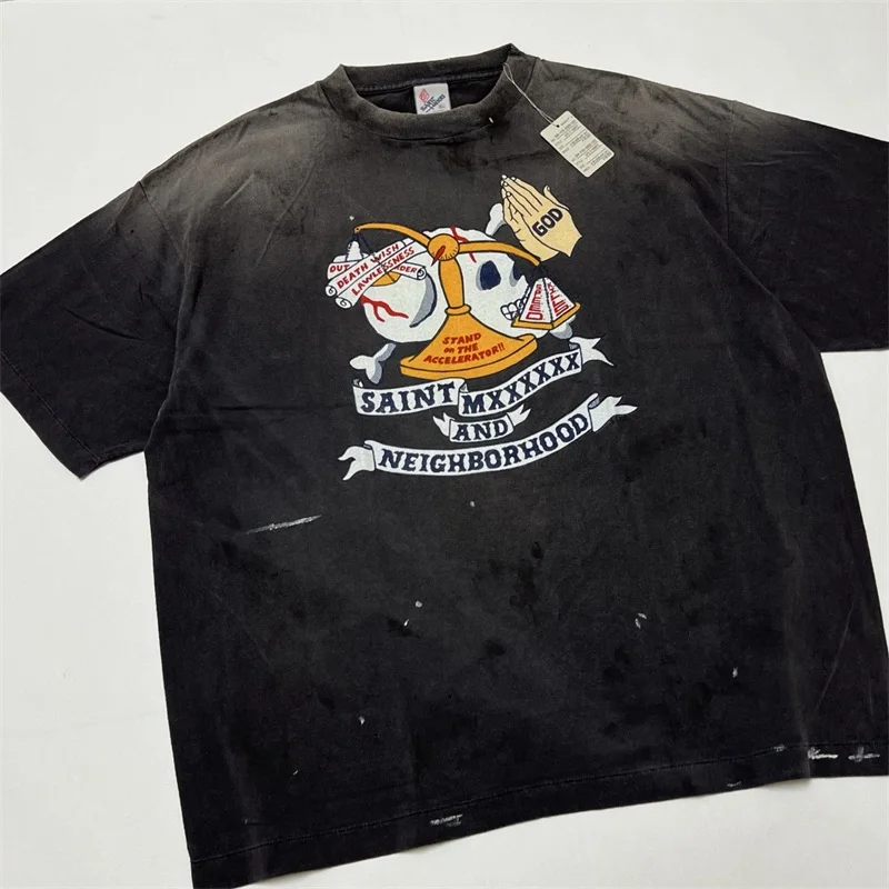 SAINT Mxxxxxx Black Washed T-Shirts Men Women 1:1 Best Quality Pure Cotton Vintage T-Shirts