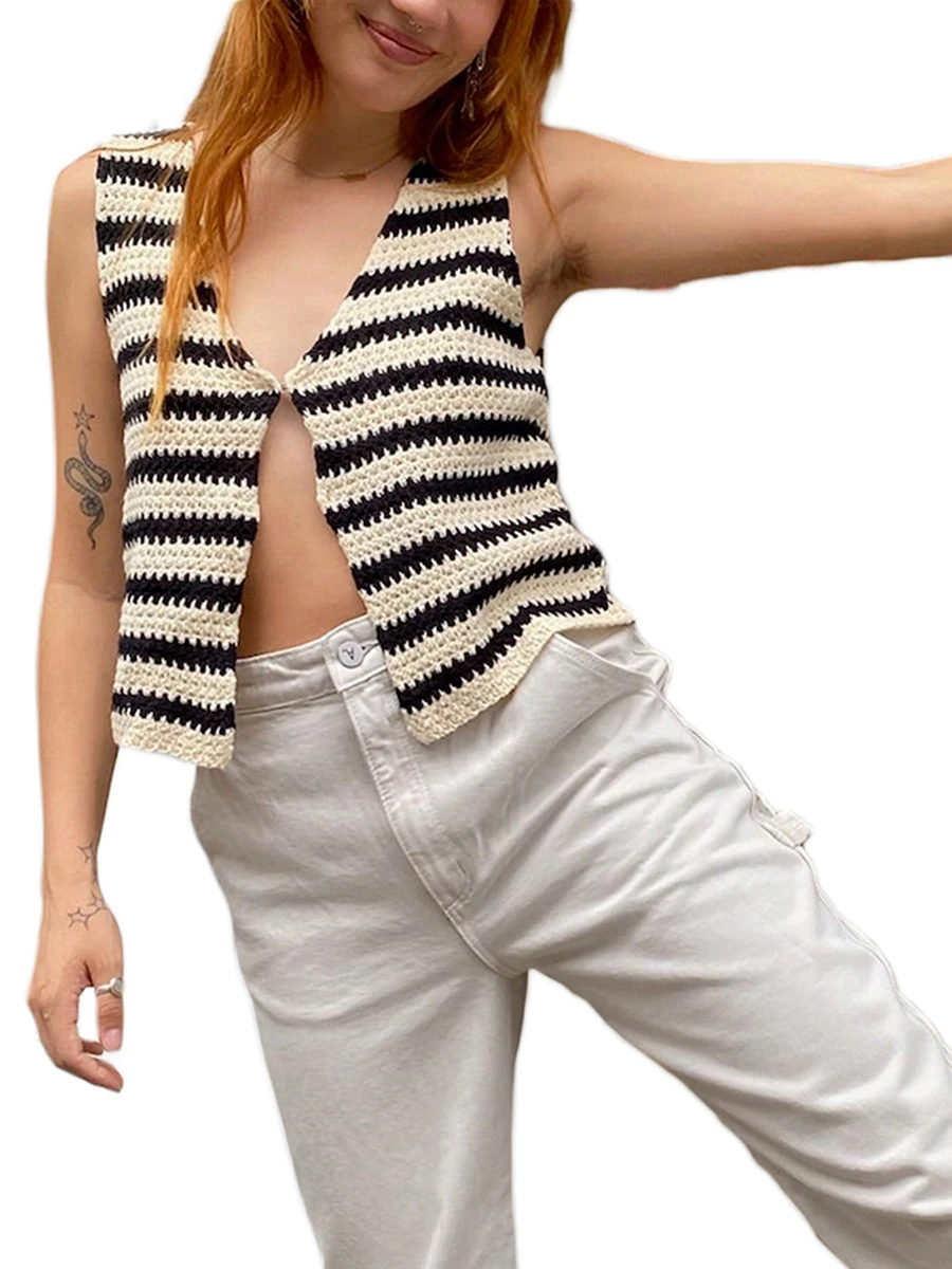 

Yoawdats Women Stripe Knit Top V Neck Sleeveless Front One Button Sweater Cami Pullovers Casual Tank Tops Y2K Streetwear