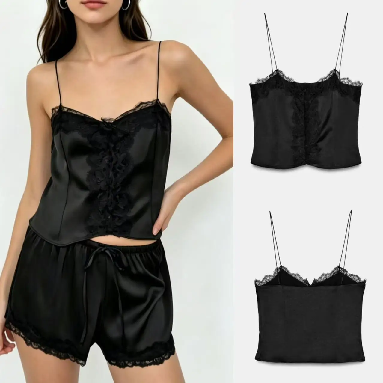 

2026 Summer New Women's V-Neck Lace-Trim Satin Texture Short Camisole Top Black Backless Sexy