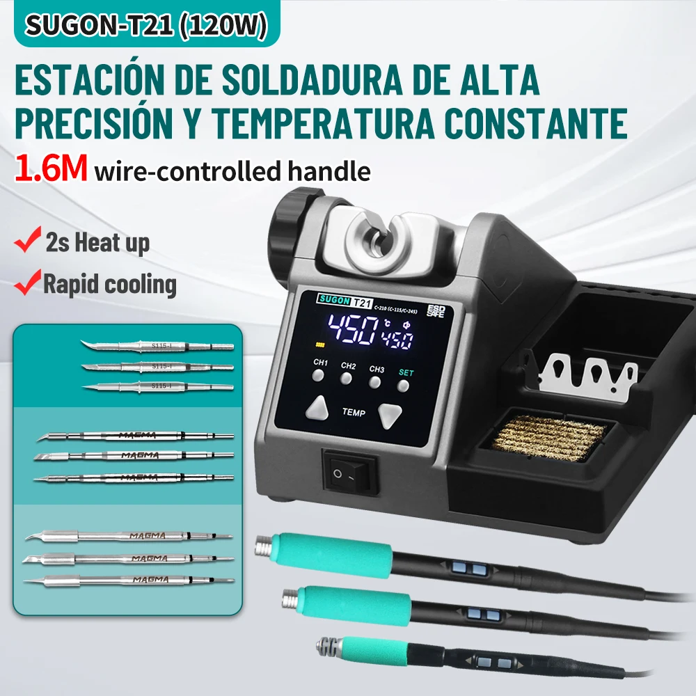 Estación de soldadura SUGON T21 de 120W, mango controlado a distancia de 1.6m, punteras de soldadura electrónica para 115/210/24