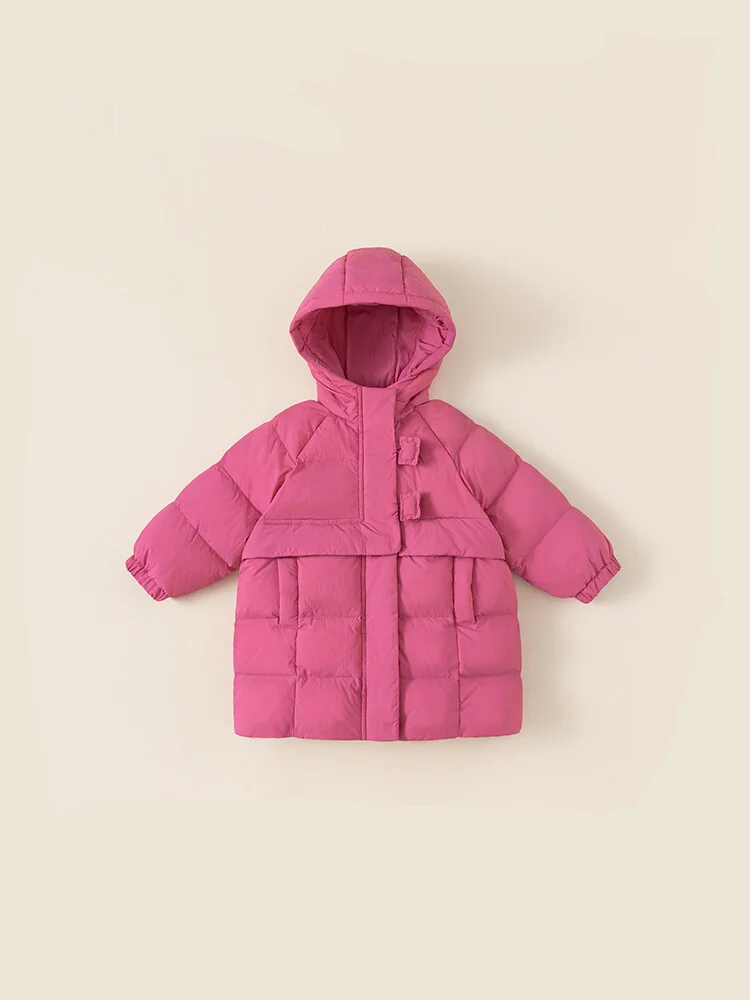 Children Solid Hooded Long Down Jacket 1-8 Years Baby Girls Winter High Collar Rose Red Quilted Coat Kid Warm White Duck Clothes