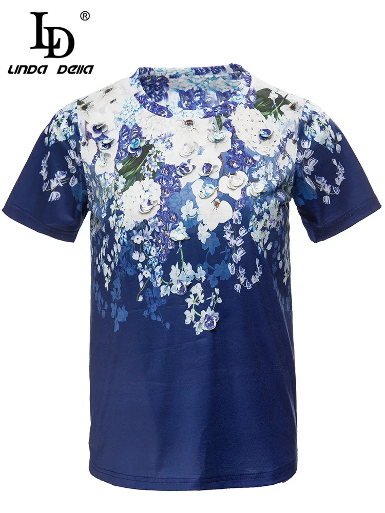 LD LINDA DELLA 2023 New Fashion Runway Summer Women Short sleeve Blue Flower Applique Printing Top T-shirts