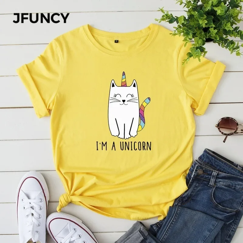 JFUNCY 100% Cotton Women Summer T Shirt Cute Unicorn Print Tees Tops Short Sleeve Woman T-shirt Female Loose Tshirt