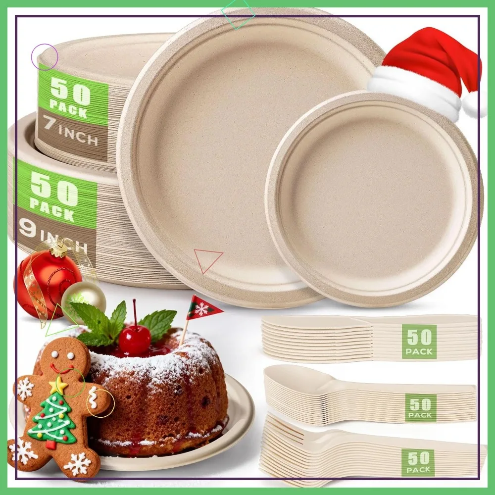

250Pcs Disposable Paper Plates Set, Compostable Sugarcane Utensils Eco Friendly Dinnerware Kit for Parties Camping