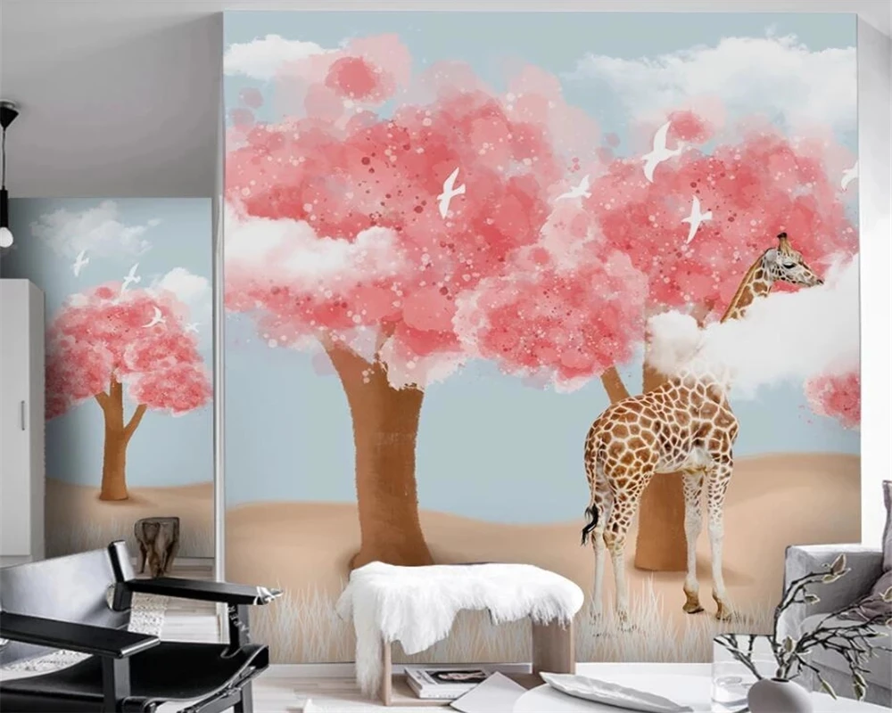 Customized 3D wallpaper Hand painted woods giraffe blue sky white clouds children's room Mural Living room TV background wall 8d