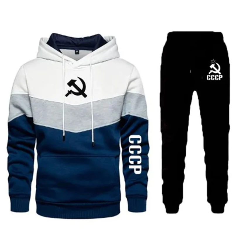 New Men Tracksuit 2 Pieces Men\'s Winter pullover Hoodies Casual CCCP USSR Soviet Union Sportswear+Pants Sweatshirt Sports Suit