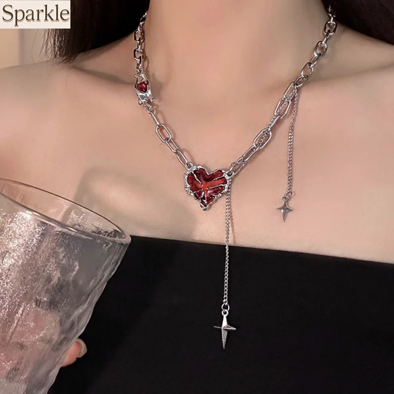 

Women's Red Heart-shaped Zircon Tassel Necklace Y2K Hiphop Gothic Popular Pendant Jewelry Simple Daily Wearing Revenge Necklace