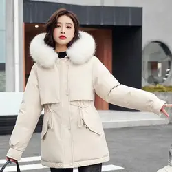 Parka solta para mulheres com gola de pele e capuz, estilo coreano, jaqueta de algodão, comprimento médio, tamanho grande, inverno