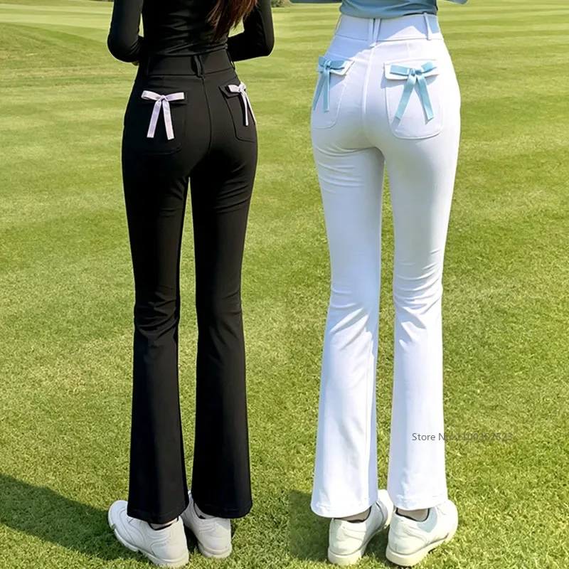 Pgm Golf Wear for Women High Waist Flared Pants Ladies Bowknot Slim Sports Trousers Spring Autumn Elegant Golf Pants XS-XL