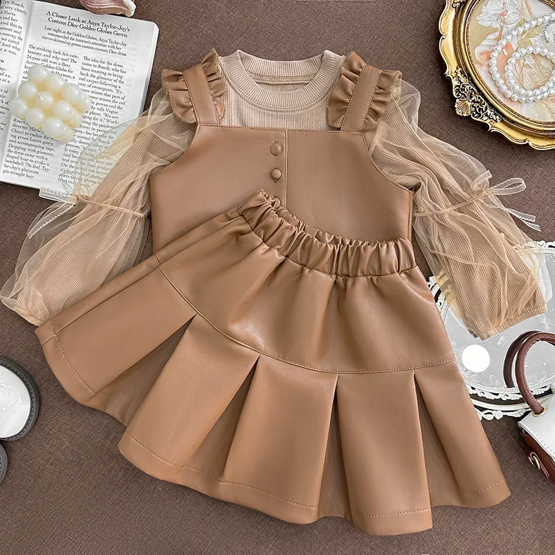 2024 New Girls Suit Elegant Style Little Girl Suit Autumn Dress Long Sleeve Base Shirt Three-piece Set Kids Clothes Girls