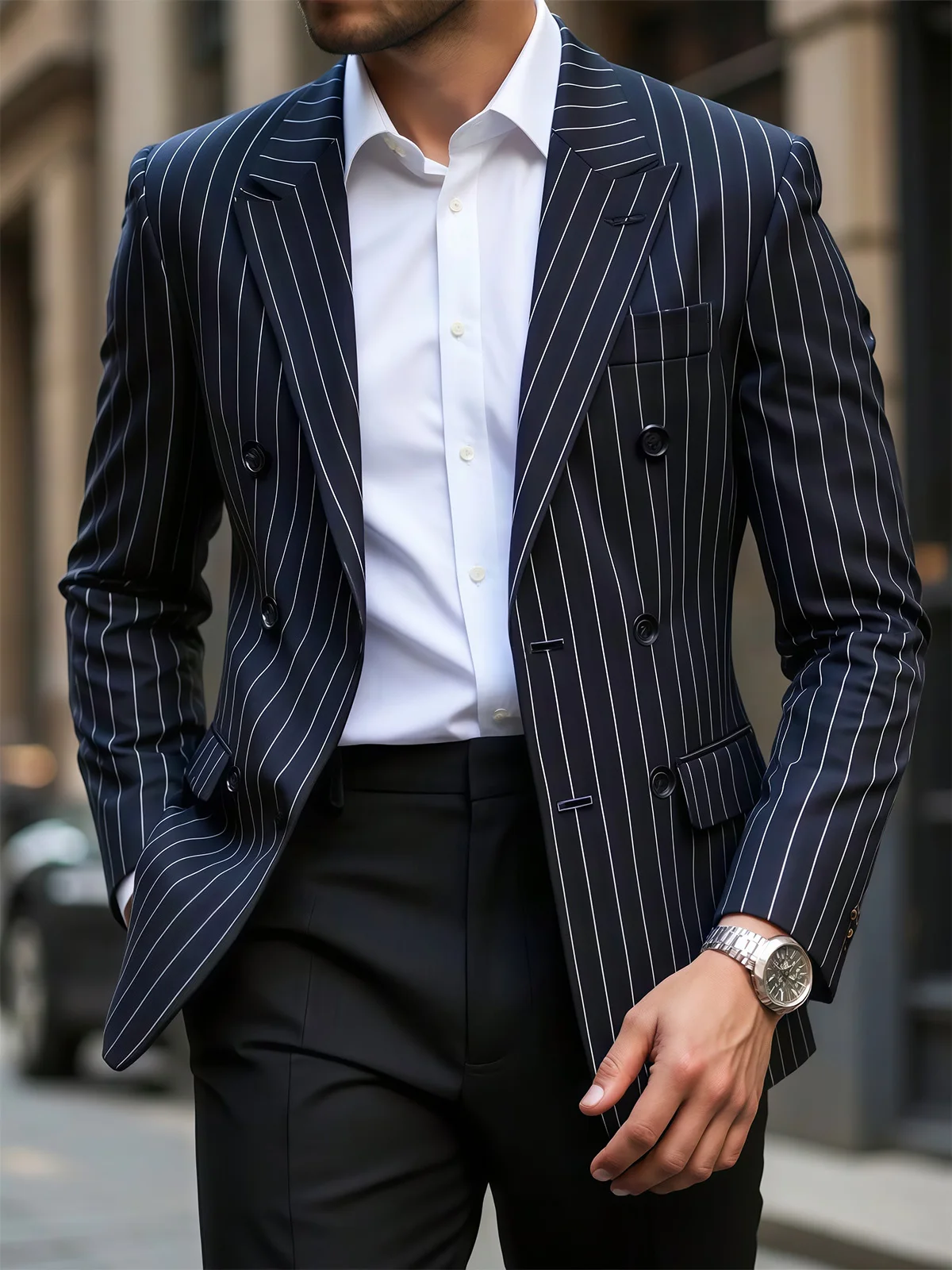 

AnnieBritney Navy Blue Stripe Suits for Men Slim Fit Peaked Lapel Double-Breasted Business Man Suit Blazer Traje Boda Hombre