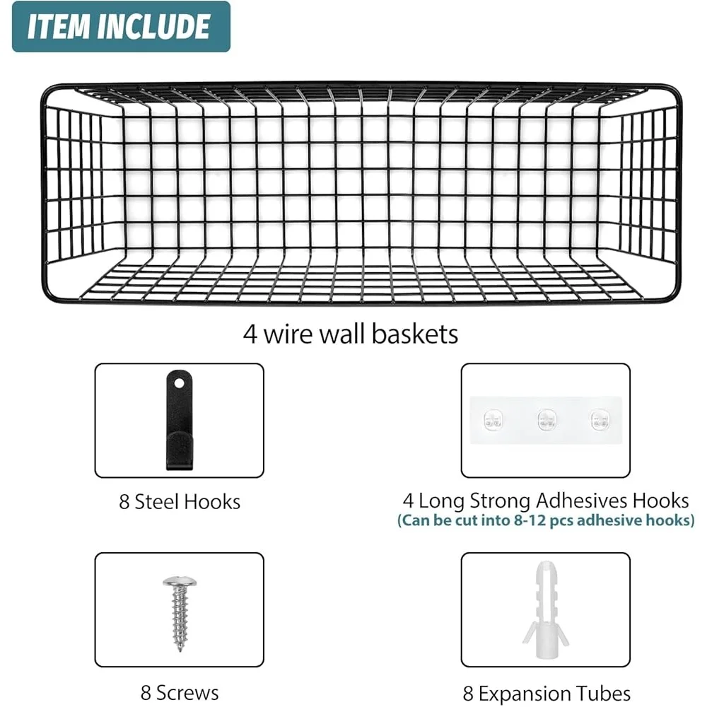 مجموعة سلال تخزين كبيرة جدًا مثبتة على الحائط مكونة من 4 عبوات مع خطافات لاصقة وخطافات فولاذية لتنظيم الأسلاك المتينة والمكتب المنزلي المثالي #4