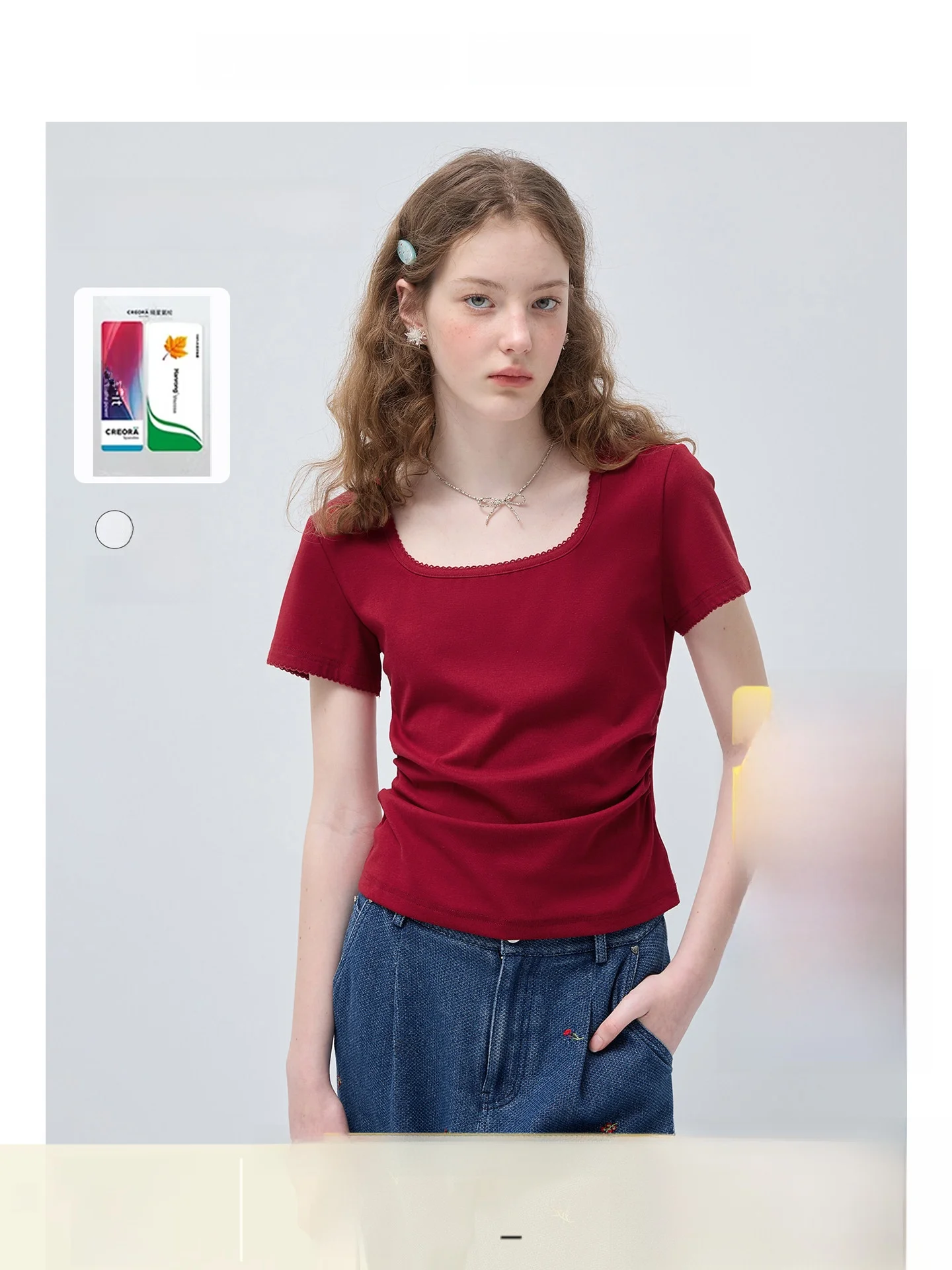 

plus Size Women's T-Shirt Waist-Cinching Shoulder-Length Short Sleeve Square Collar Versatile Summer Color for Plump MM