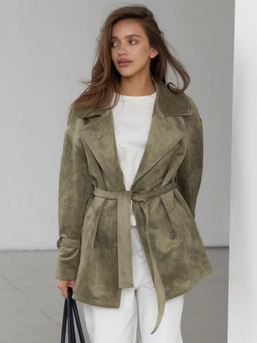 

Retro Suede Jacket Loose Lace up Waist Cinching Stand Collar Belted Outerwear for Young Women Autumn Long Sleeve Midi Coat