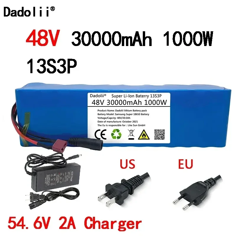 Batería d 48v para bicicletas eléctricas, batería de iones d litio 30ah 18650 1000w con enchufe en forma e T y cargador 54,6v